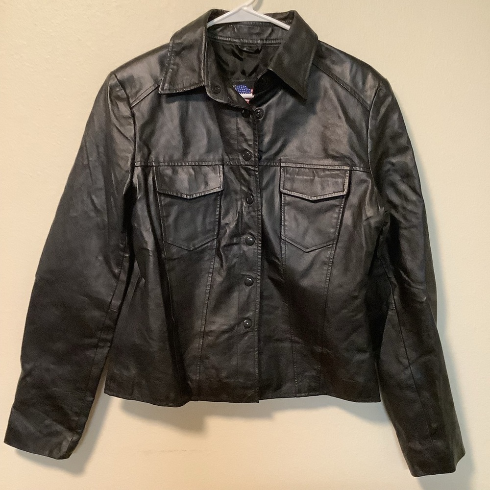 USA vintage leather jacket womens XL‎ chest pockets bikercore retro made in USA